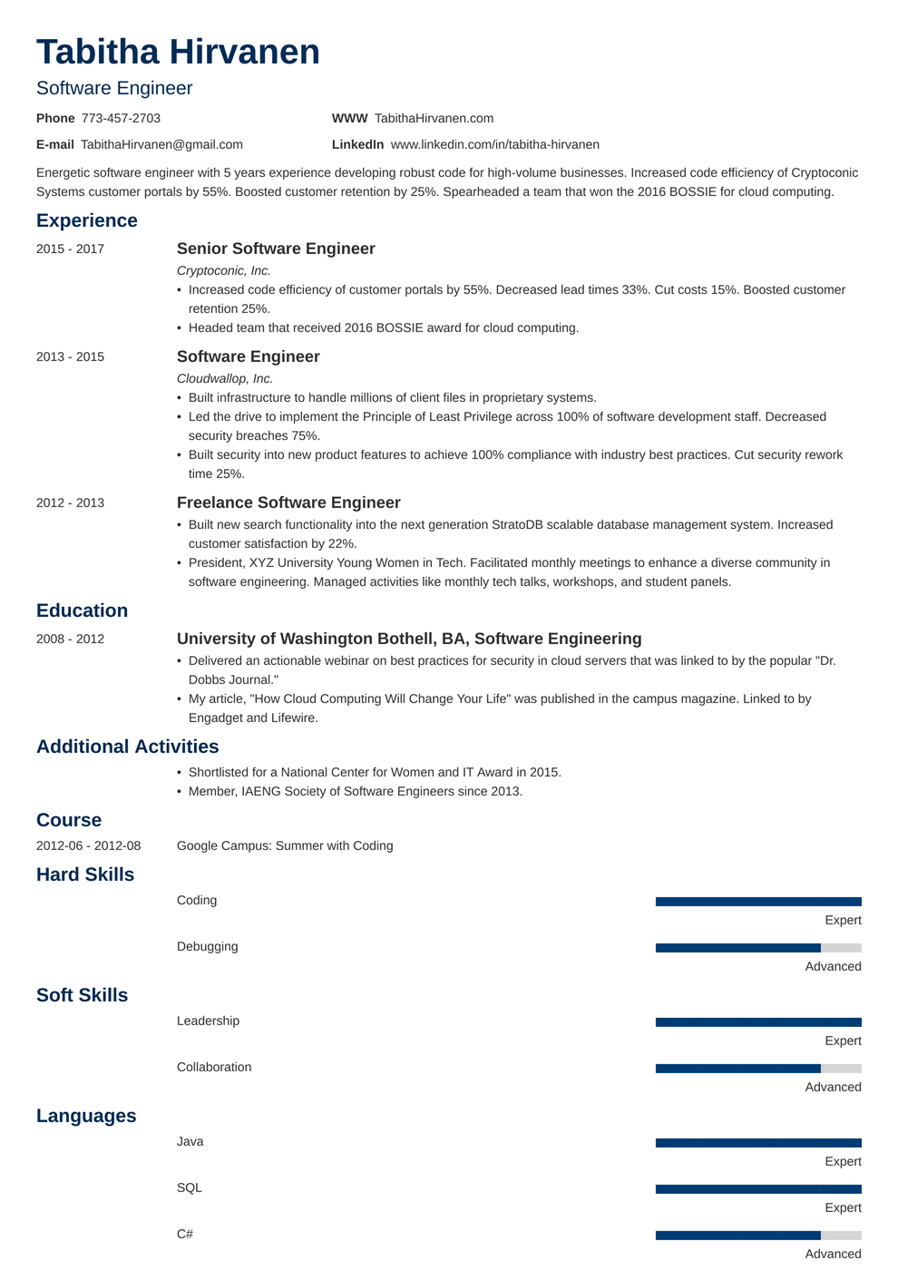 Software Engineer Resume Template Developer Examples