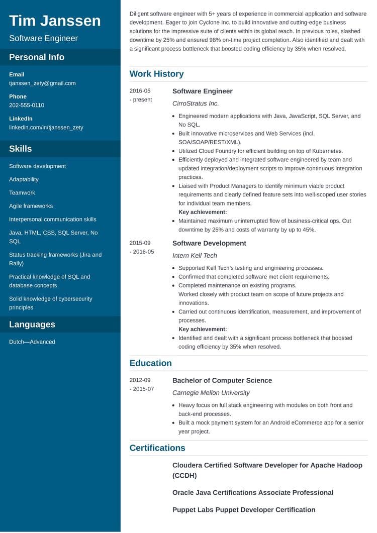 Cascade resume template for software engineers