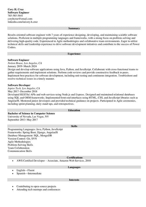 software engineer skills on a resume example