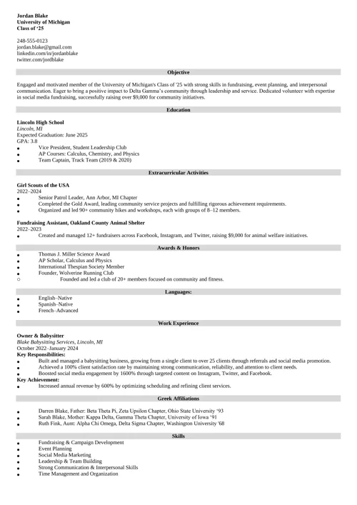 Sample Sorority Resume Template