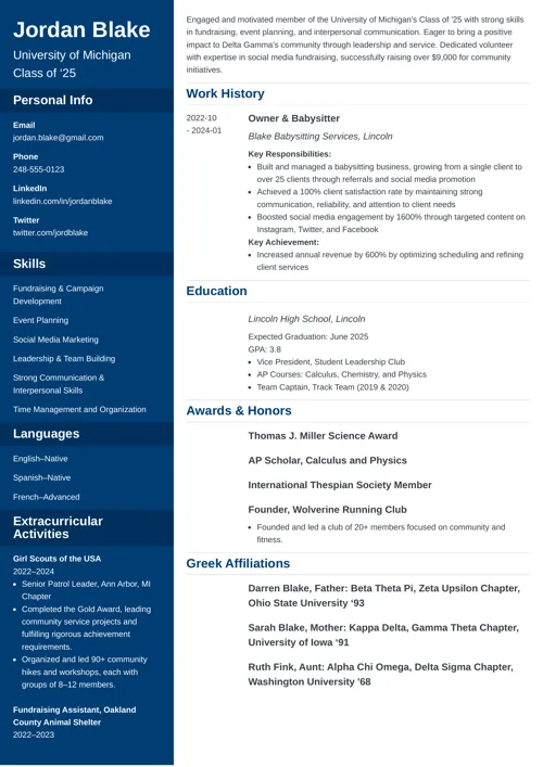 Sample Sorority Resume Template