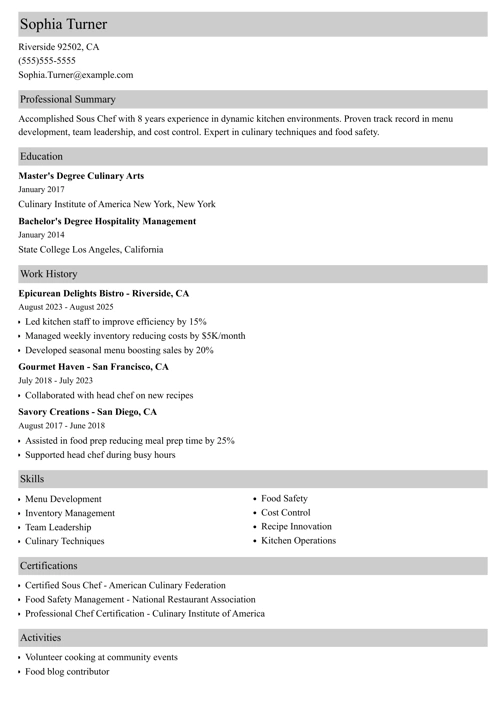 Sous Chef Resume Sample