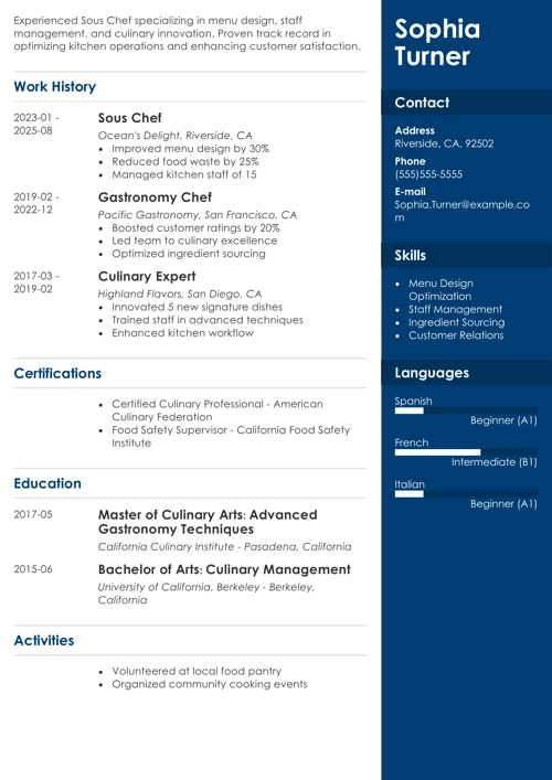 Sous Chef Resume Sample