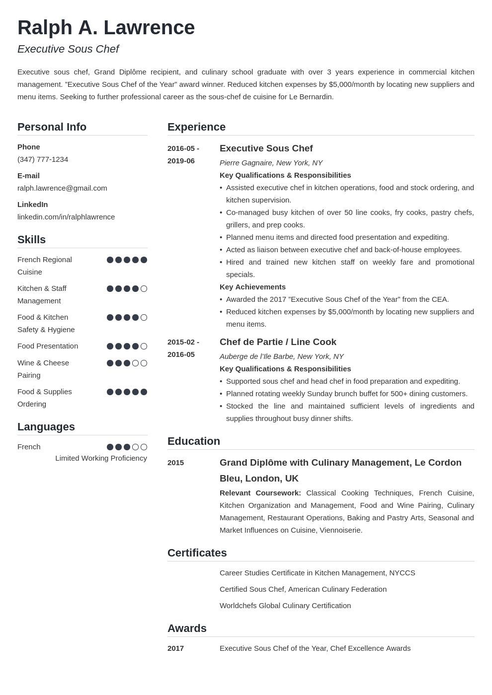 sous chef resume example template simple