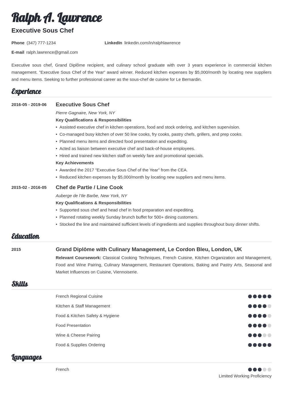 Chef Professional Summary