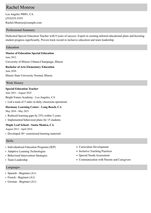 Special Education Teacher Resume Example