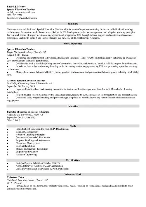 Special Education Teacher Resume Example