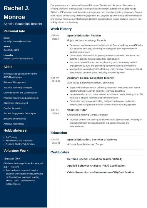 Special Education Teacher Resume Example