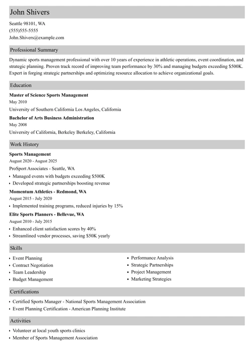 Sports Management Resume Example