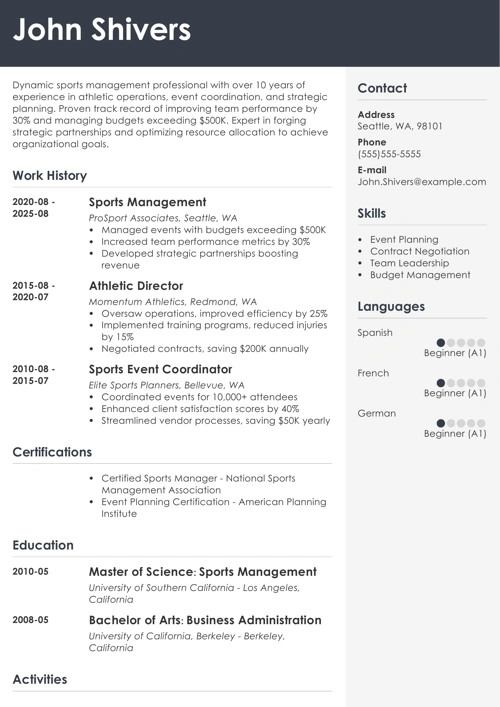Sports Management Resume Example
