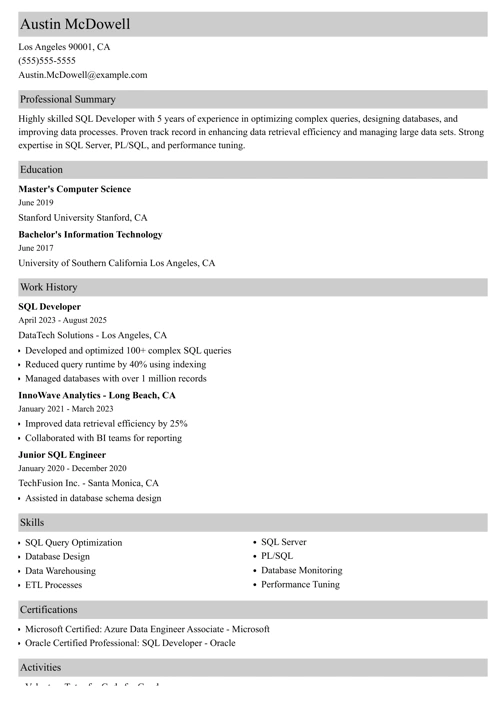Sql developer resume example