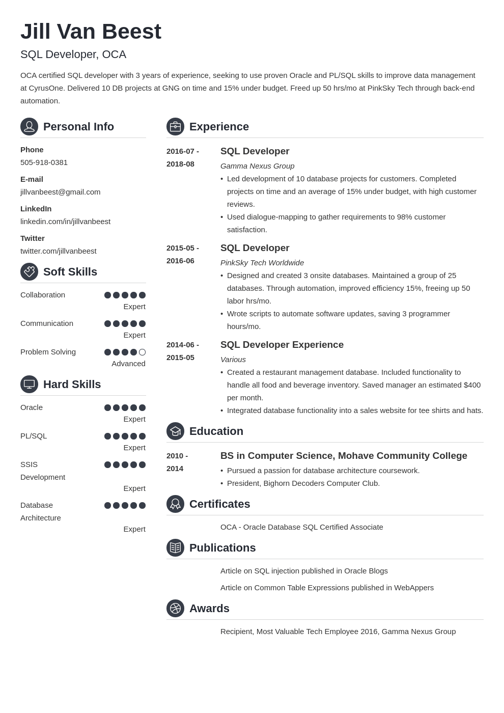 sql developer resume example template crisp