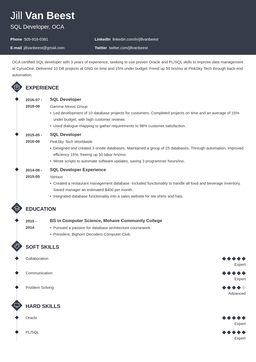 sql developer resume example template diamond