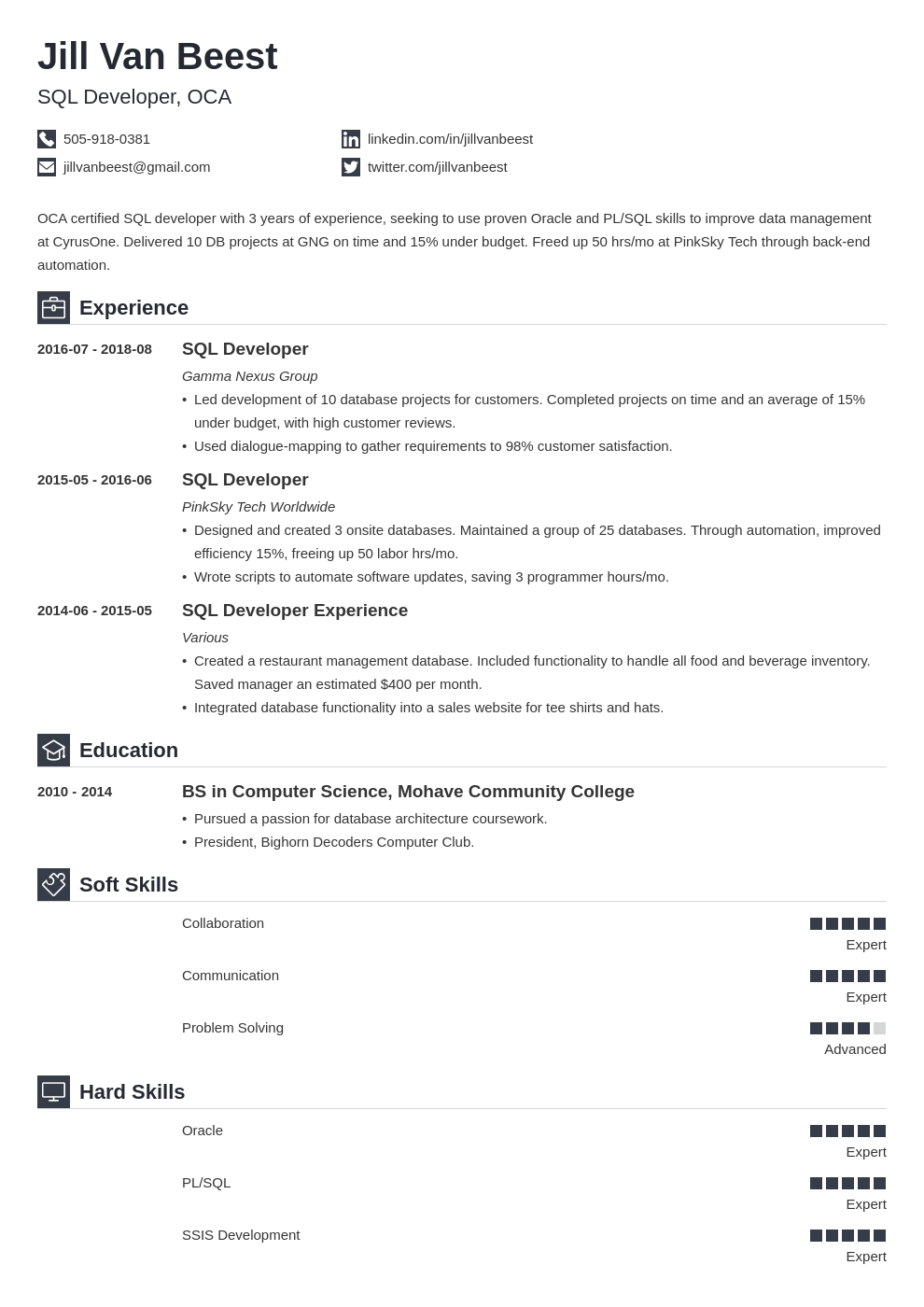 sql developer resume example template iconic