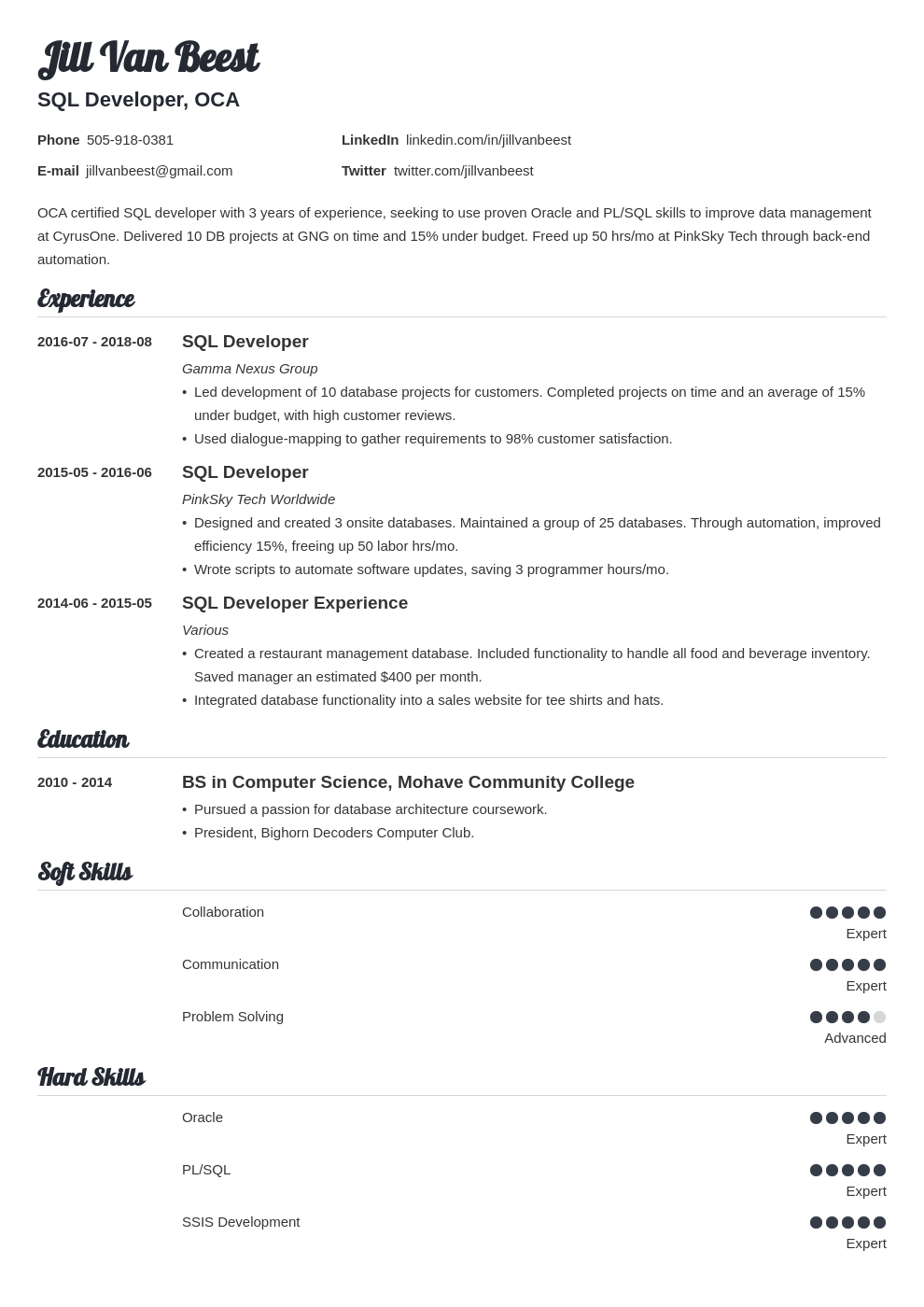 sql developer resume example template valera