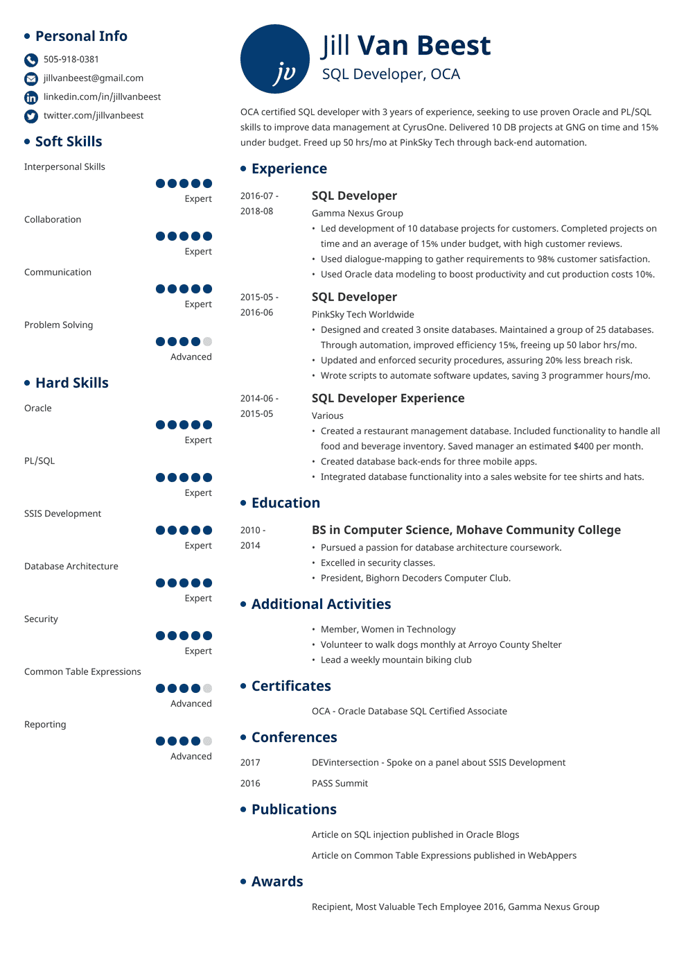 sample resume for mysql developer