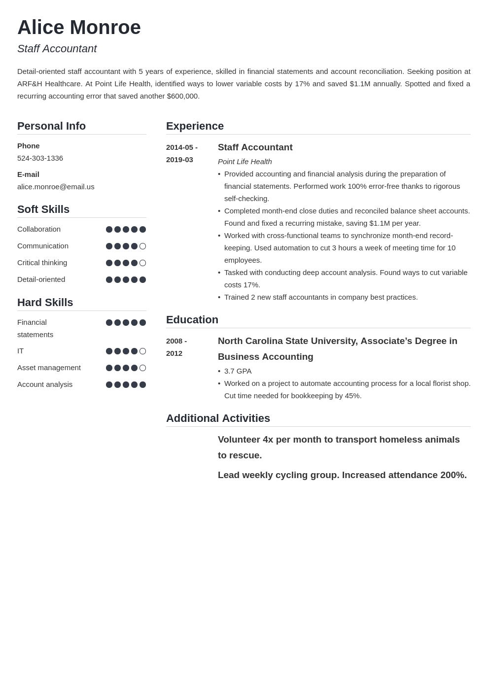 staff accountant resume example template simple