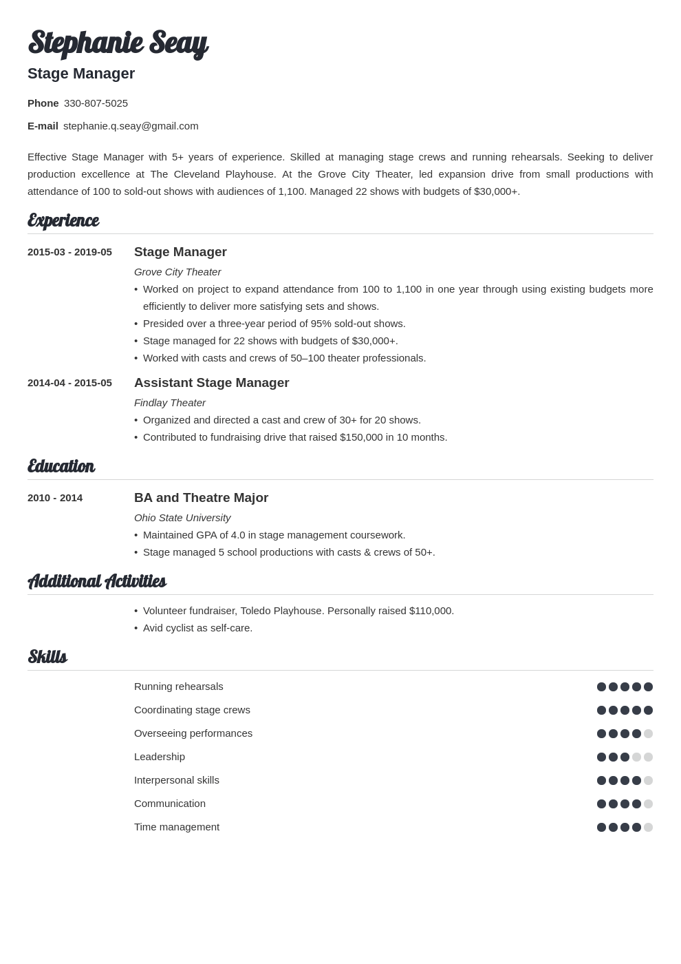stage manager resume example template valera