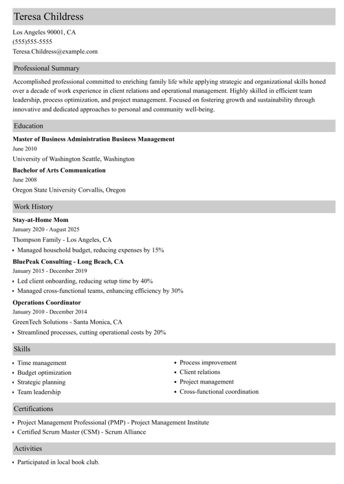 Stay at home mom resume example