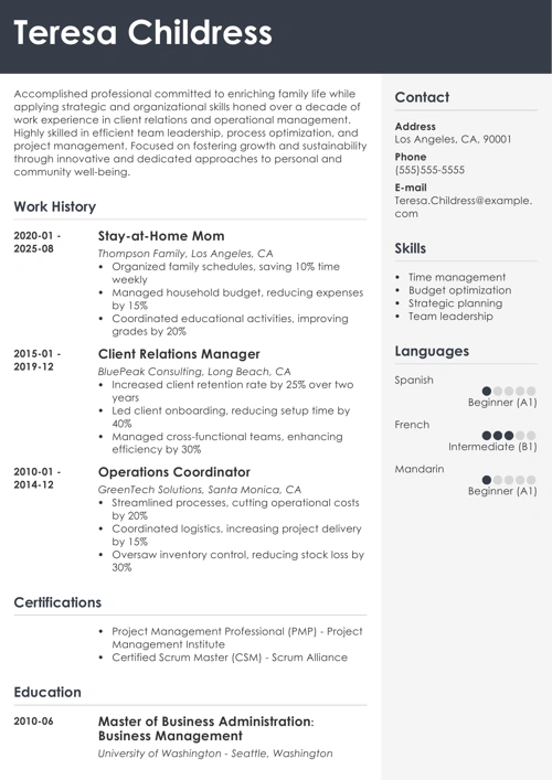 Stay at home mom resume example