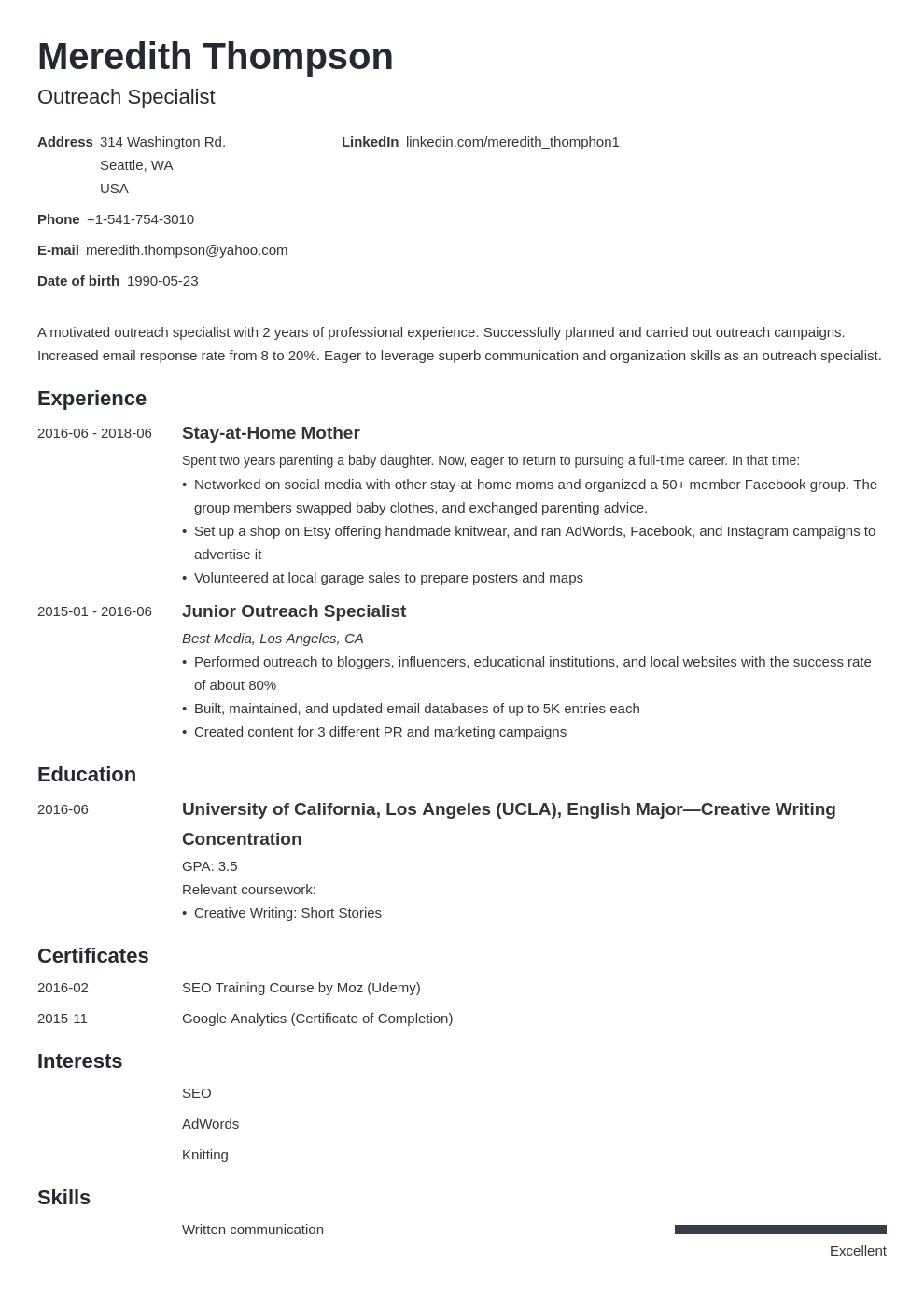 stay at home mom resume example template minimo