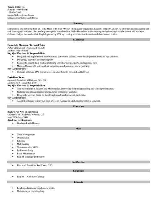 Stay at home mom resume example