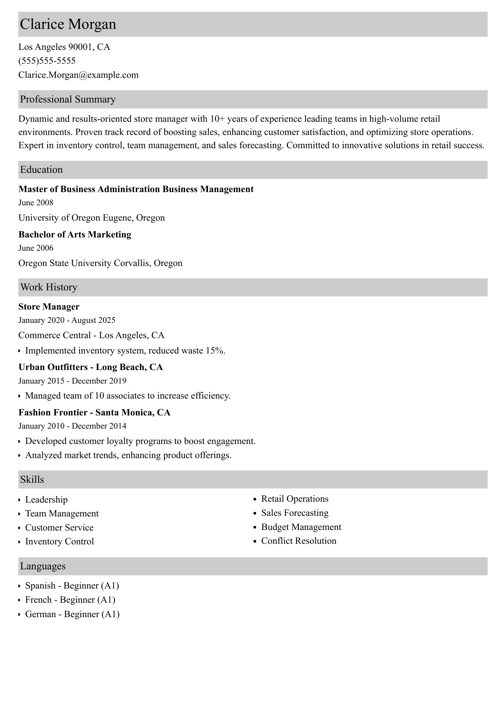 Store manager resume example