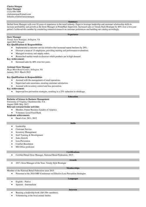 Store manager resume example