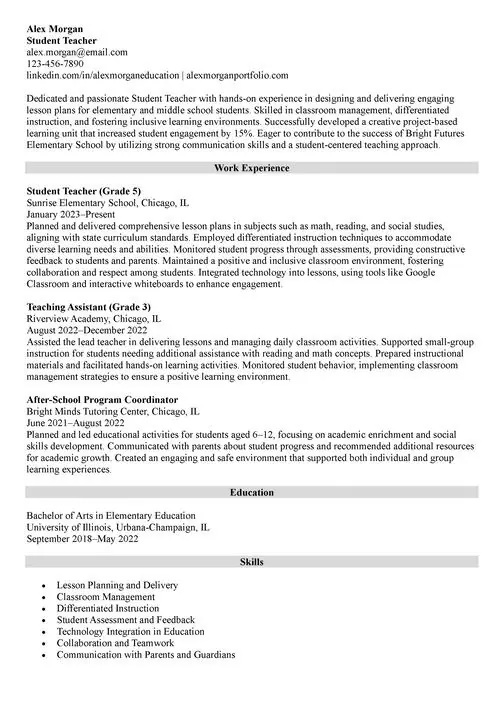 Student Teacher Resume Sample