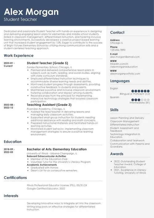Student Teacher Resume Sample