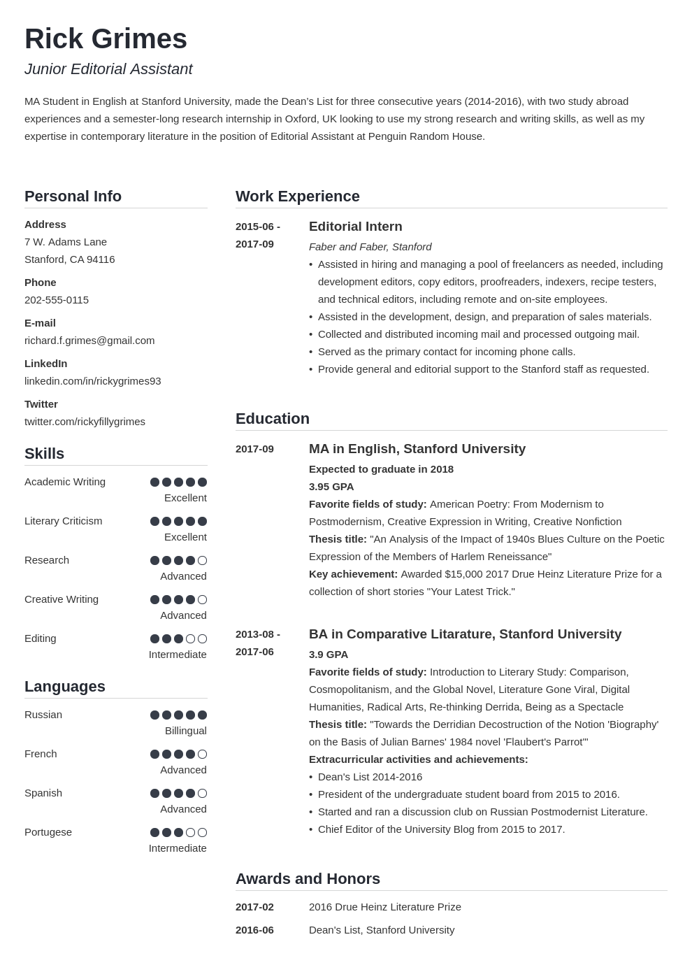 resume bio example student