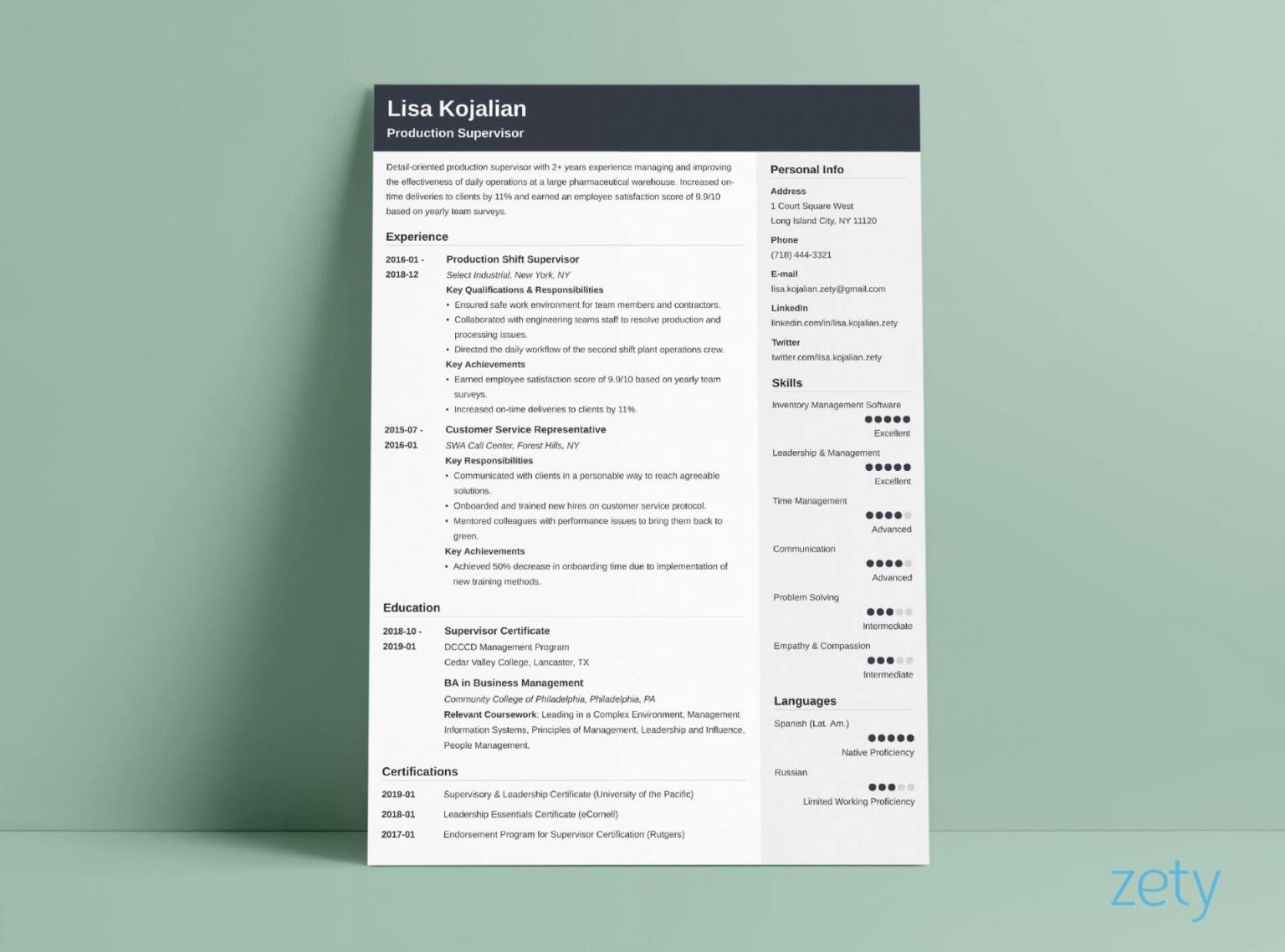 A view from the Zety resume builder presenting the process of filling in the work experience section and an assortment of pre-written resume descriptions proposed for the specific job.