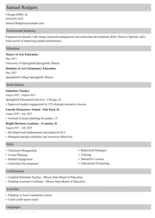 Substitute teacher resume example