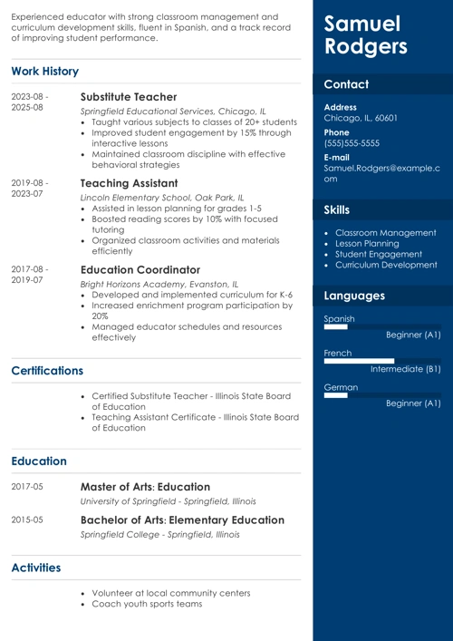 Substitute teacher resume example