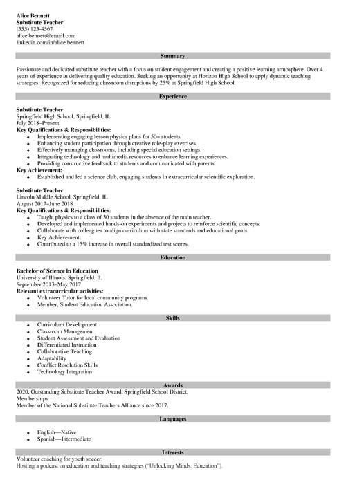 Substitute Teacher Job Description for a Resume