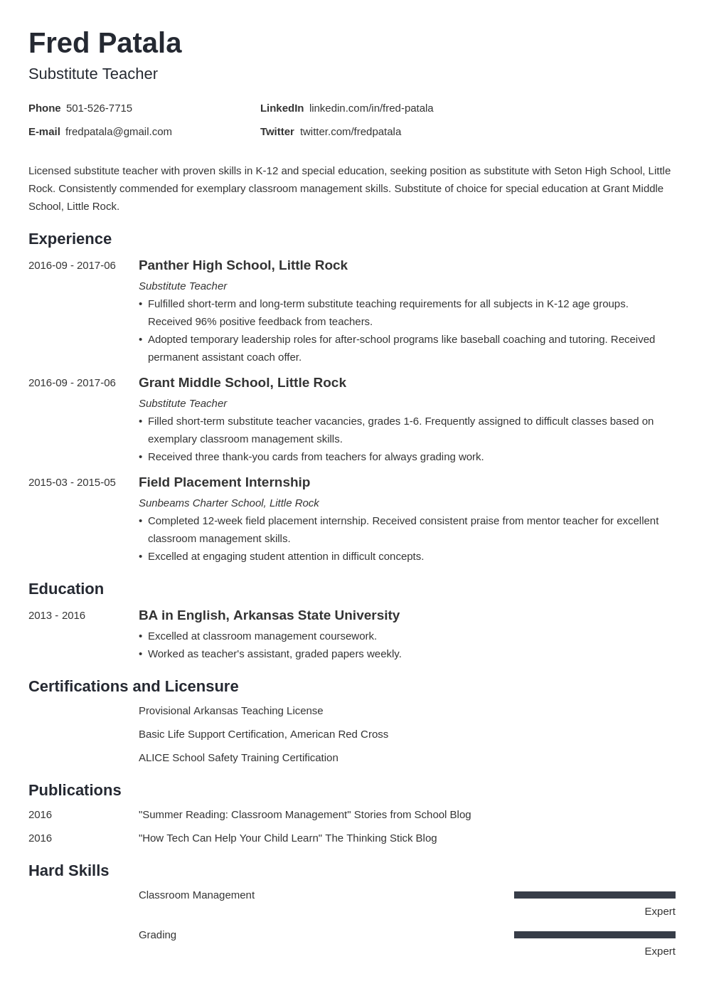 resume for substitute teacher sample