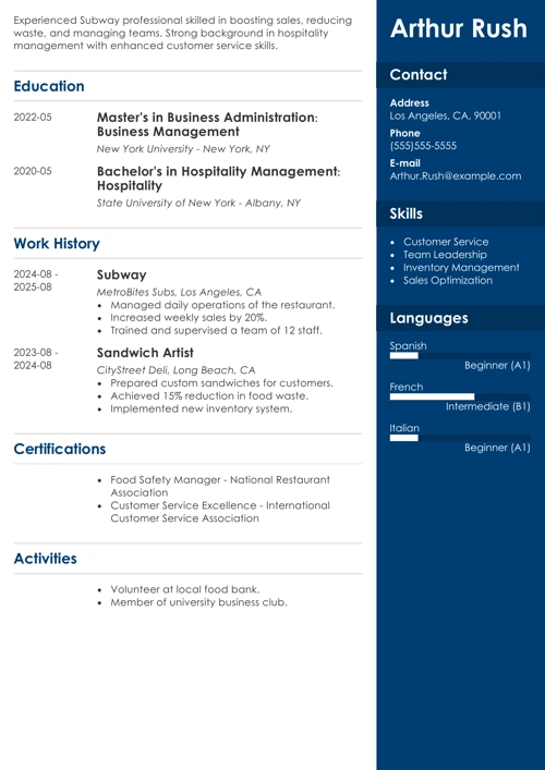 subway resume example