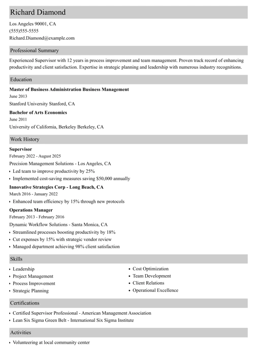 Supervisor resume example