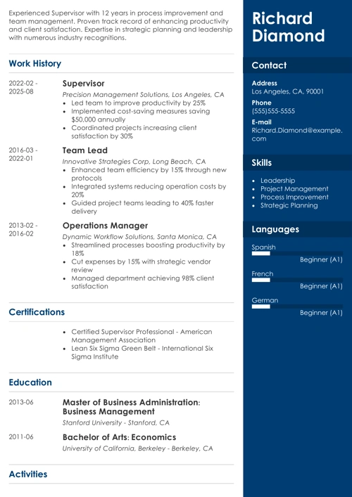 Supervisor resume example