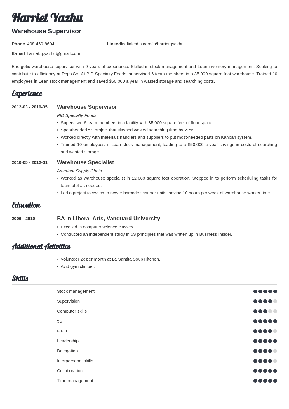 Sample Resume Supervisory Skills