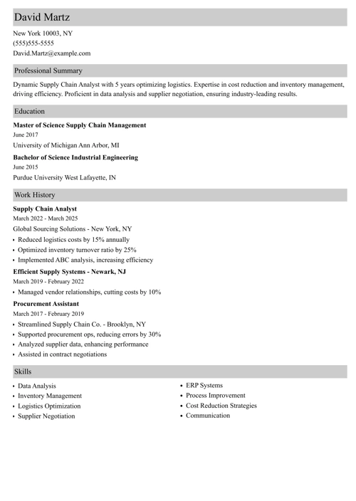 supply chain analyst resume example