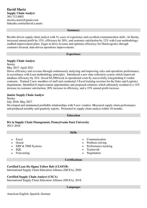 supply chain analyst resume example