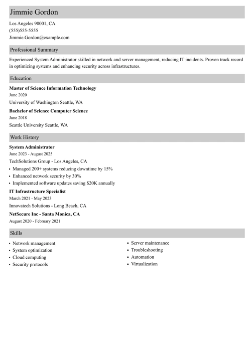 System administrator resume example