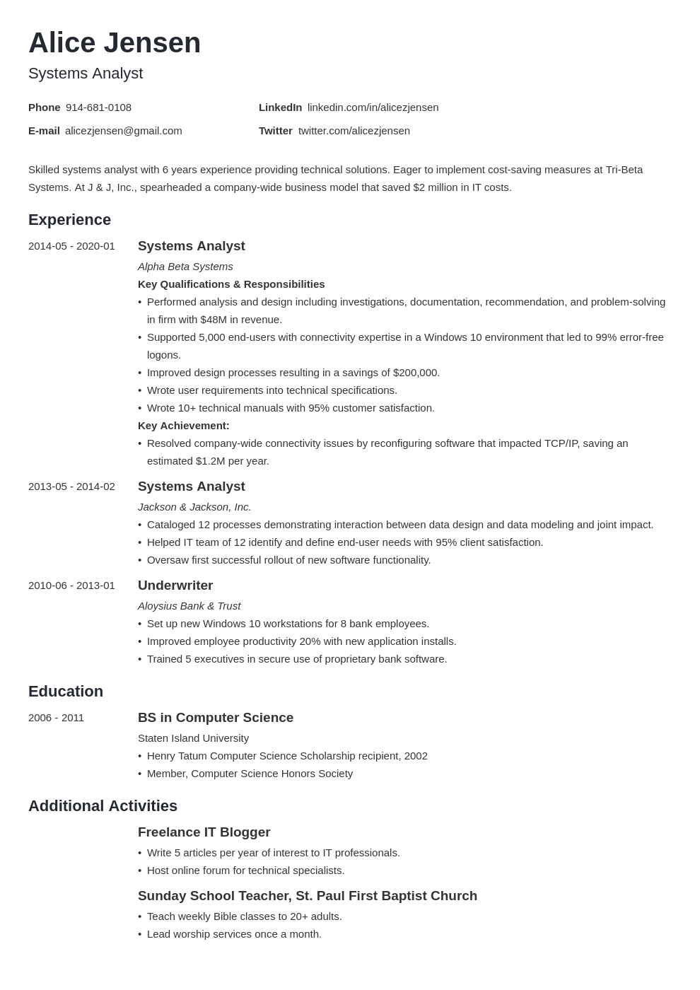 system analyst resume example template minimo