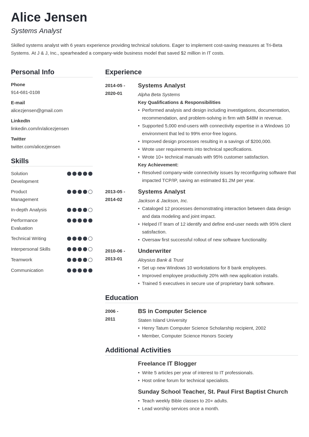 system analyst resume example template simple