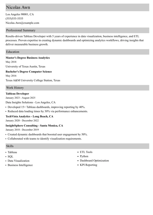 Tableau developer engineer resume example