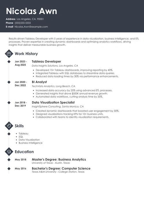 Tableau developer engineer resume example