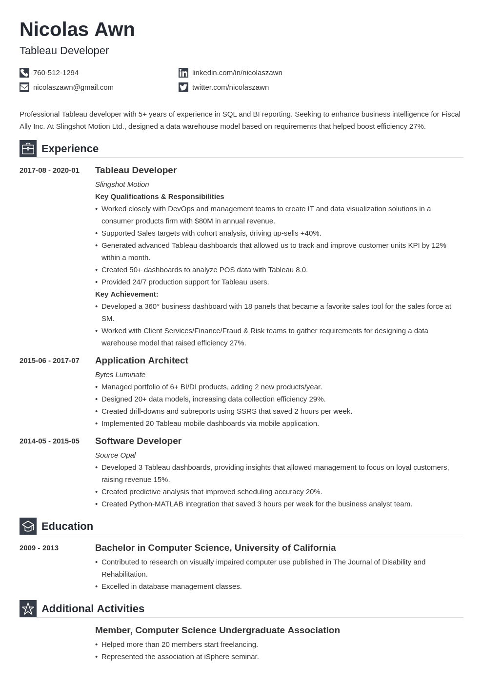 tableau developer resume example template iconic