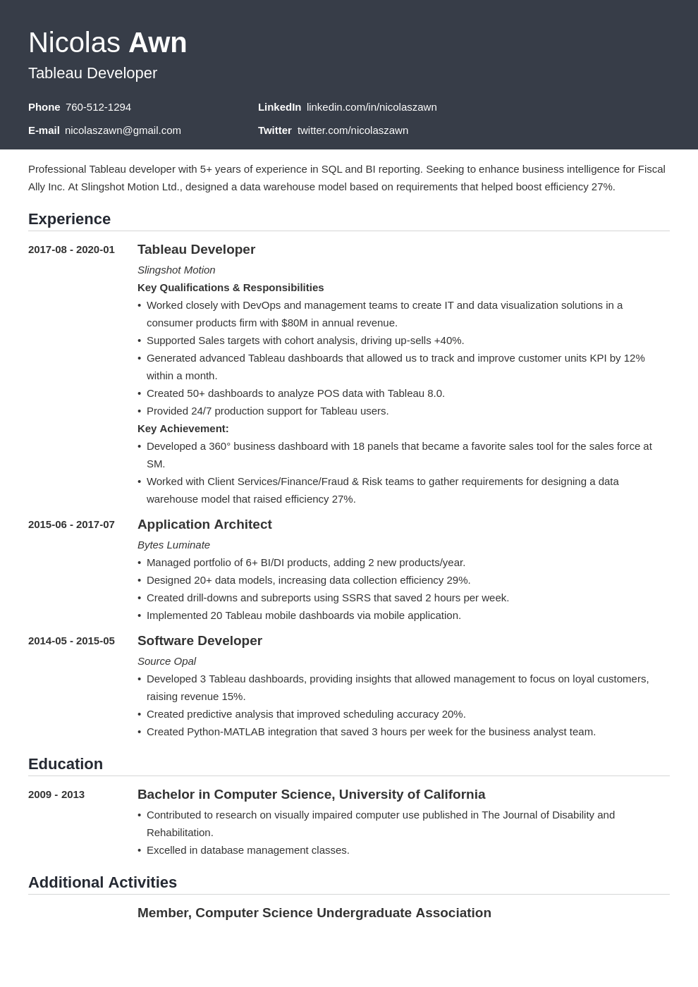 tableau developer resume example template influx