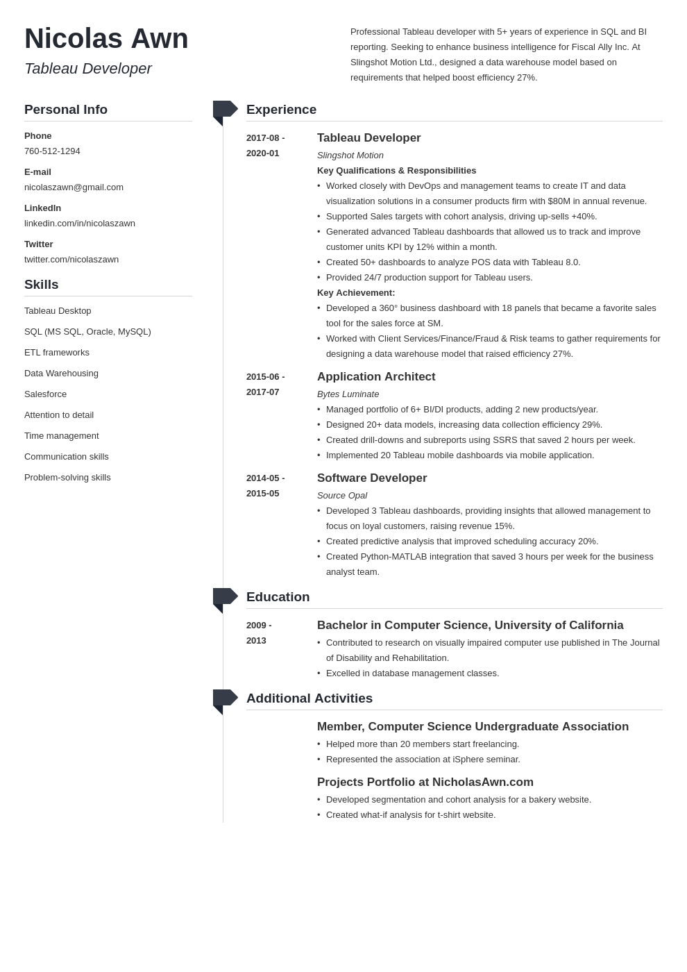 tableau developer resume example template muse